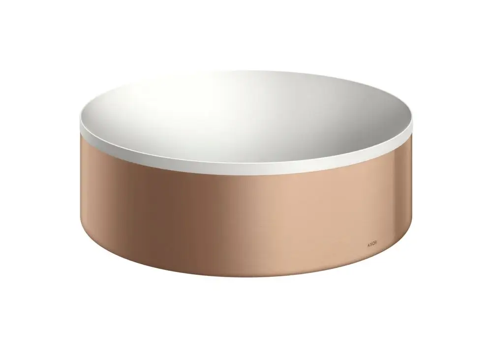 Waschtisch mit runder Form und einer Innenfläche in Weiß. Die Außenseite ist in gebürstetem Rotgold gehalten. Design von AXOR, ohne Hahnloch und Überlauf.